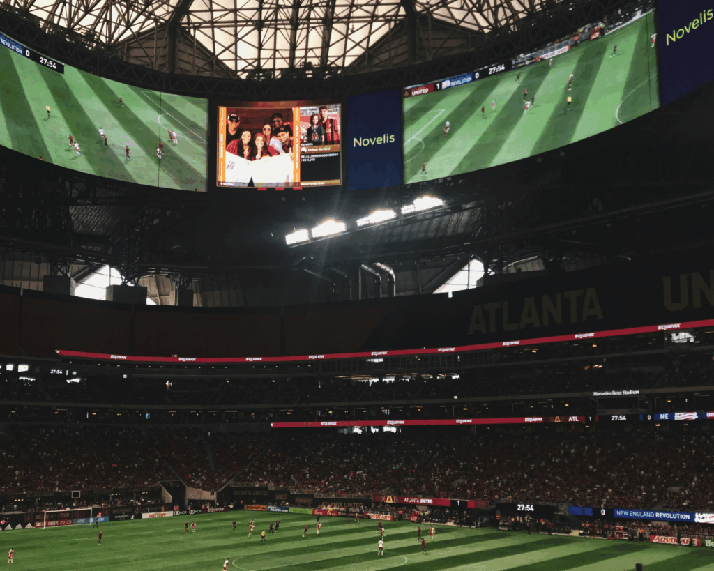 Football stadium with pitch-side LED advertising