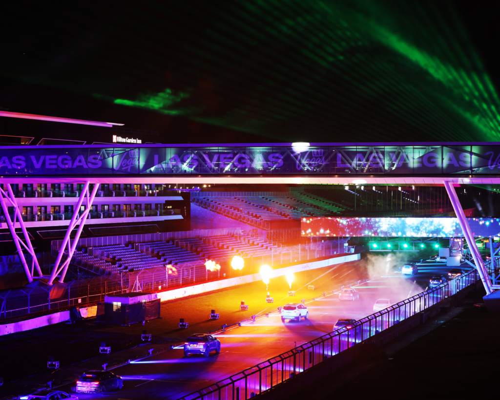 race track with festive lights