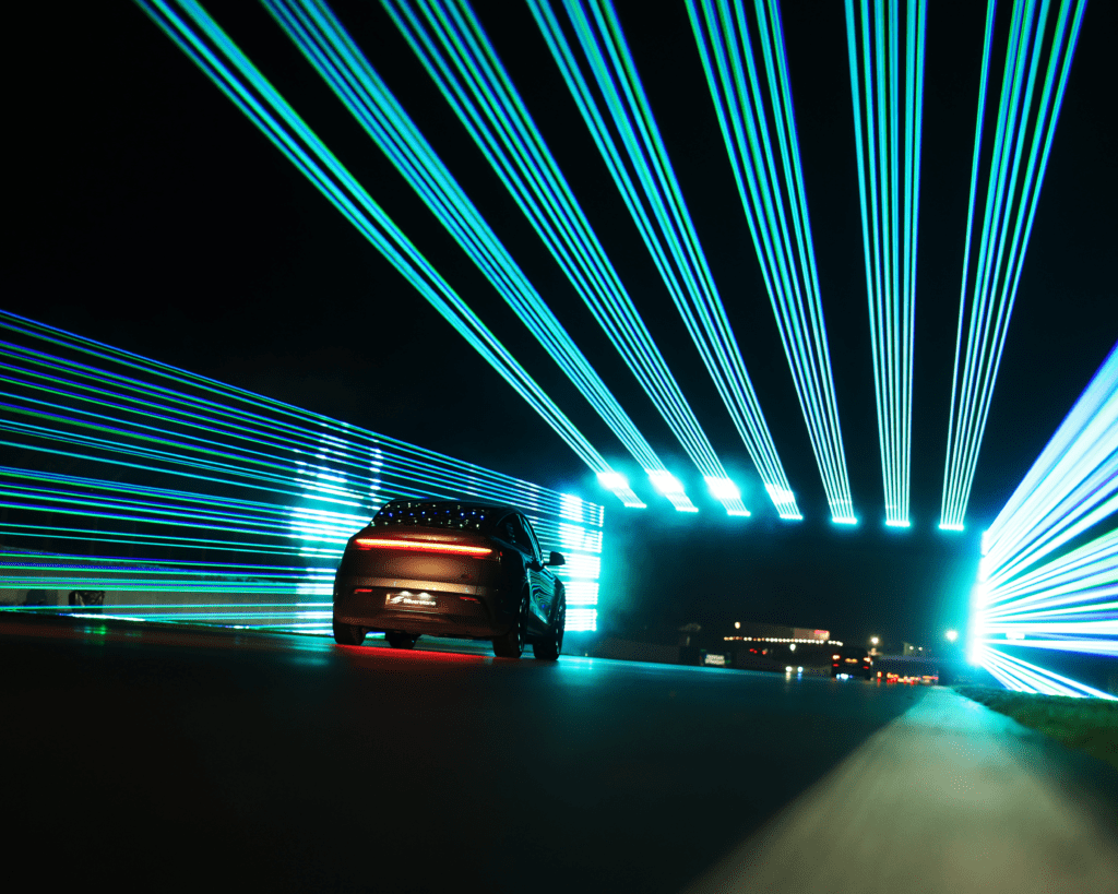 race track with festive lights