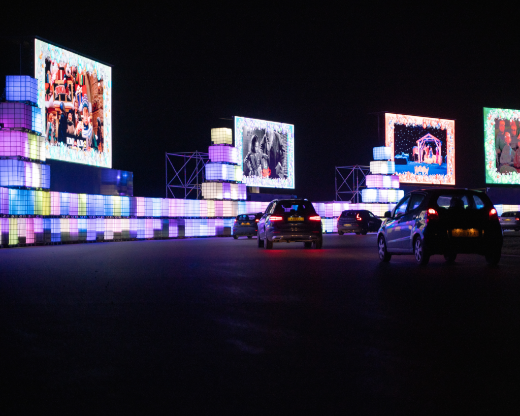race track with festive lights