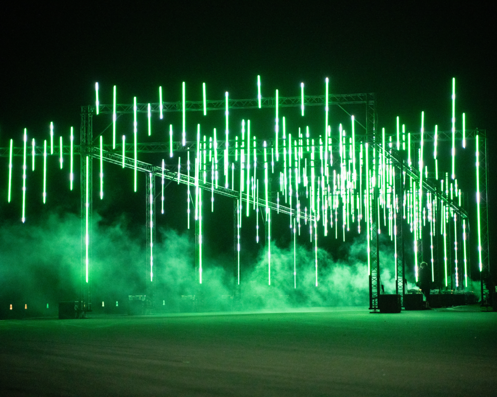 race track with festive lights